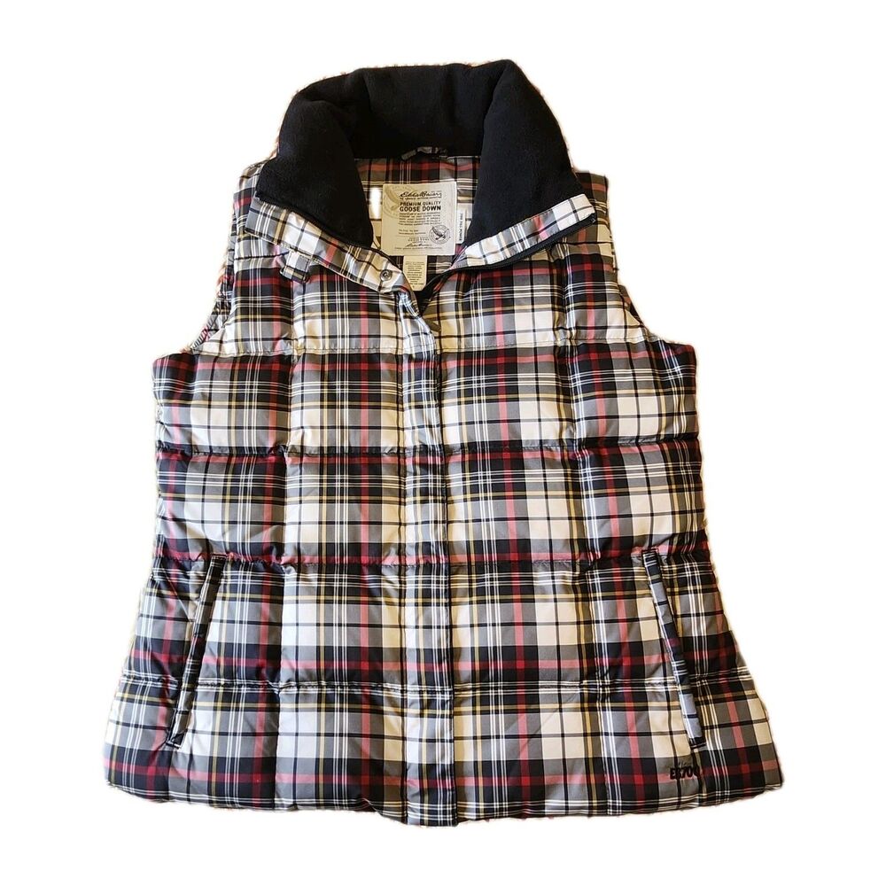 Eddie Bauer Black Cream Red Plaid Goose Down EB700 Woman's Puffer Vest Size L
